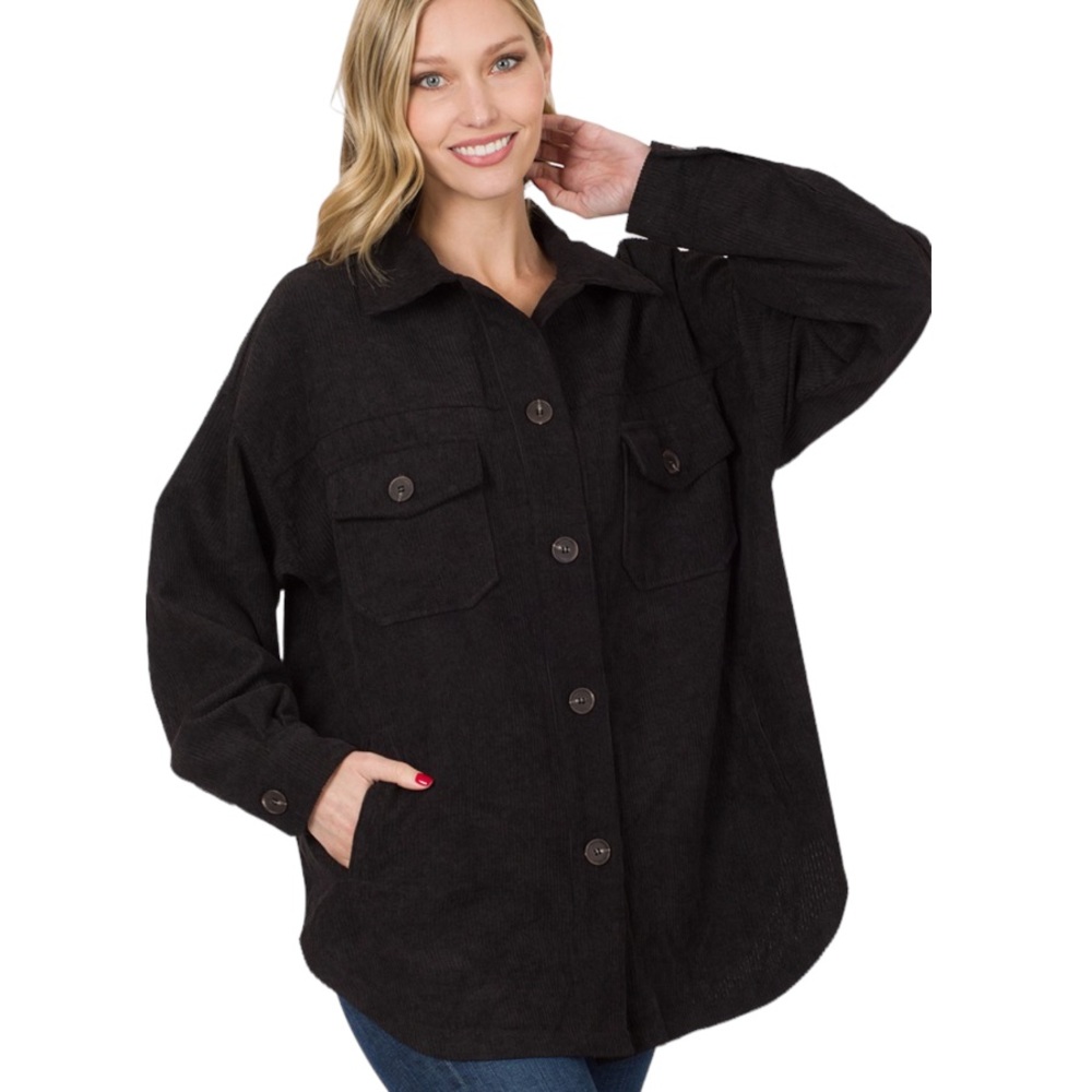 Black Oversized Corduroy Button Front Shacket NWT